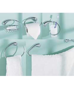 Chrome finish. Comprises towel rail, towel ring, toothbrush holder with glass tumbler, soap dish