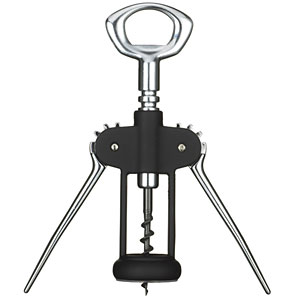 A chrome plated "wing" style corkscrew with a black rubber body for a better grip during use