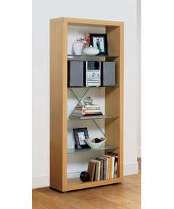 Size (H)179, (W)75, (D)30cm.Beech finish with frosted glass.4 non-adjustable shelves.Weight 18.5kg.S