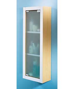 3 compartment storage cabinet with magnetic push release frosted glass door.Chunky wooden beech