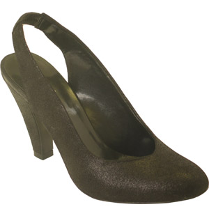 Cint, round toe metallic suede court shoe. Featuring a high covered block heel and slingback detail.