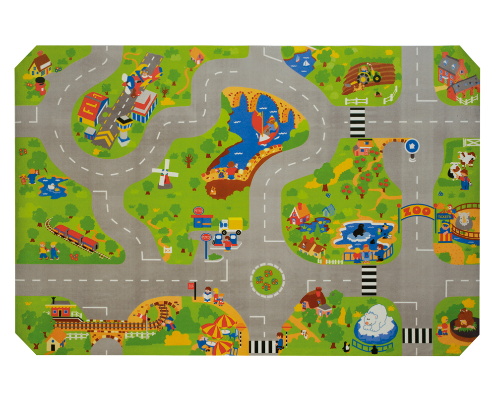A bright and colourful fabric city play mat with lots of detail and places to stop on route! It is i