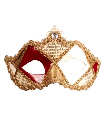 This Columbia Venetian mask is divided into sections by a criss-cross of golden braid, the sections 