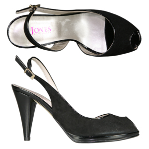 A stylish peep toe sling back from Jones Bootmaker. With Patent trim, working buckle to ankle, padde