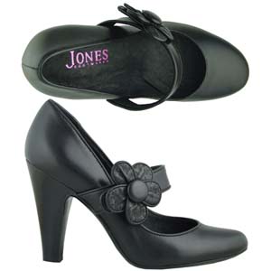 An elegant Mary-Jane style Court from Jones Bootmaker. Features decorative flower to the side, high 