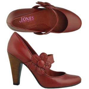 An elegant Mary-Jane style Court from Jones Bootmaker. Features decorative flower to the side, high 