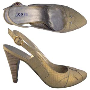 A stylish and Ultra modern sling-back from Jones Bootmaker. Features decorative faux snake skin pane