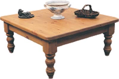 Traditional pine square farmhouse coffee table with decorative chunky 4inch legs.