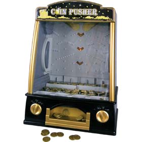 A desk top version of an amusement arcade favourite. Coins are dropped through the chutes with the