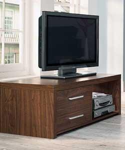 Walnut effect entertainment unit with 2 drawers. Silver effect handles. Internal dimensions for