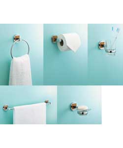 Comprises towel rail, towel ring, toilet roll holder, toothbrush holder with glass tumbler, and
