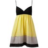 Jersey bodice adjustable strap dress with colour block silk skirt. Side zip. Hand wash. Bodice: 95 V