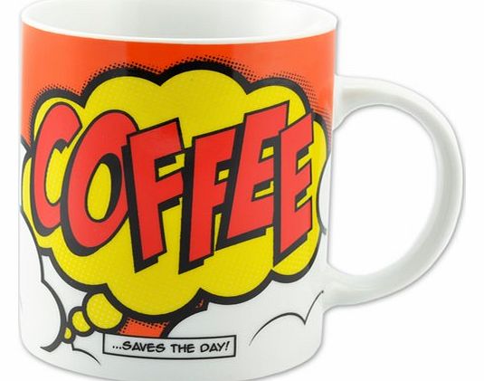 Comic Book Coffee Mug The Comic Book Coffee Mug is hot off the press so hurry and get your hands on one today! This fun mug features a bright comic book design with COFFEE in a speech bubble and ...SAVES THE DAY! in a caption box underneath! Mug is m