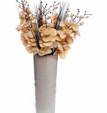 Contemporary tall grey ceramic vase with a beautiful leaf design and a rustic looking cream and brown orchid artificial flower arrangement. tipped off with artificial harvest grass and and artificial onion grass spray. Size H100cm. EAN: 5051211016774