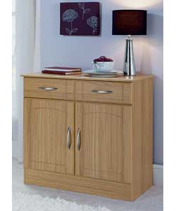 Warm oak effect sideboard.1 internal shelf. 2 doors. 1 drawer on metal runners with satin finish