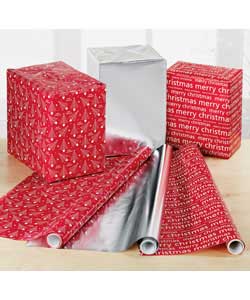 Includes 2 rolls of 10m 56 grm gift wrapping paper (10m x 70cm each) and 1 roll of 5m metallic gift