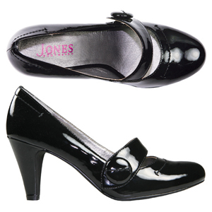 A fashionable Patent Court shoe from Jones Bootmaker. Features decorative Mary-Jane style strap with