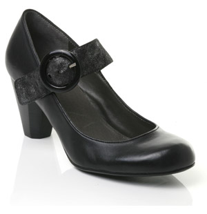 Leather court shoe with metallic ankle strap. The Cord courts also feature large buckle detail and h