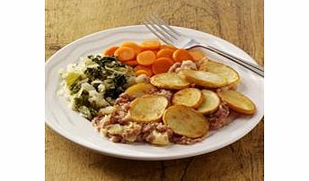 A delicious filling of corned beef, onions and potatoes topped with sautand#233; potatoes. Served with sliced carrots and savoy cabbage.