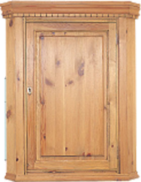 Country pine hanging corner cupboard. One panelled door and stylishly detailed top plinth
