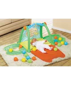 For a baby lying down; play mat with inflatable sun-shaped mobile with chime. For a child able to