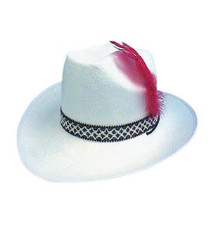 Bright white felt cowboy hat with red feather. This hat can be found in other styles and colours too