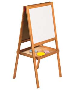 Double sided easel with black and white boards. Comes with packs of 6 white chalks, 6 coloured crayo