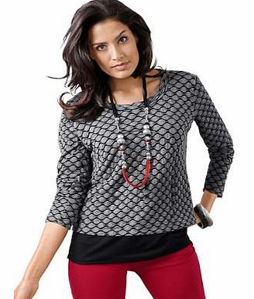 All-over print, layered look top in a new, casual fit design with a plain black top. Made from a two tone textured jersey fabric with rounded neckline and long sleeves. Creation L Top Features: Textured fabric Flattering fit Washable 60% Polyester, 3
