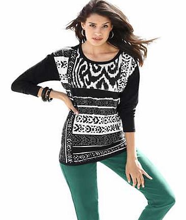 Ethnic trend re-interpreted in contrasting colours, each top is unique! Back and length sleeves in plain black. Creation L Top Features: Flattering fit Washable 95% Viscose, 5% Elastane Length approx. 70 cm (27 ins) (size 16)