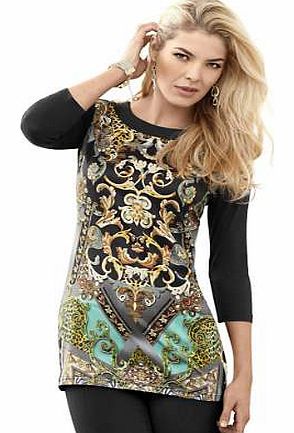 This round neck fitted top has a playful decorative print on a shimmering satin insert, that gives it an exceptionally pretty look. With black three-quarter length sleeves and a plain black back section. Creation L Top Features: Front print Three-qua