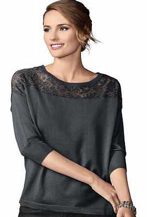 Soft knit sweater with delicate, sheer lace on the shoulders that allows an attractive glimpse of your skin. Features three-quarter length sleeves. Creation L Sweater Features: Flattering and Casual fit Delicate wash max. 30C 94% Polyester, 6% Elast
