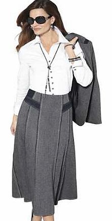 Flowing panel skirt in a herringbone design, with contrasting faux suede inserts and decorative gore seams with overlock stitching. Side zip fastener with internal button. Matching jacket also available. Creation L Skirt Features: Washable 65% Polyes