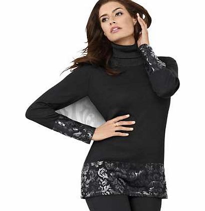 Glamorous, turtleneck jumper with shimmering foil print on the long sleeves and hem. Creation L Jumper Features: Print detail Flattering fit Turtleneck Long sleeves Washable 50% Cotton, 50% Polyacrylic Length approx. 70 cm (28 ins) (Size 16)