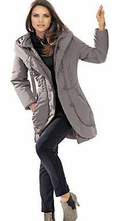 Coat in a trendy layered look with a subtle, fine shimmer. With a width adjustable hood, chic shawl collar and a concealed 2-way zip with duffle style buttons. Figure flattering Viennese seams front and back. Width adjustable drawstring at waist, wit
