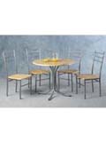 The Crosby Round Dining Set features a golden beech veneered table with silver metal frame  and is