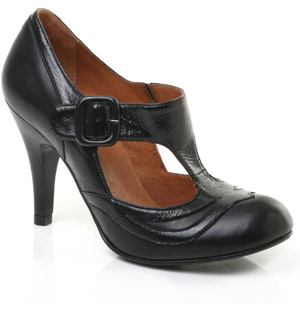 Leather court shoe with buckled T-bar strap and patent overlay detail. The stylish Crouch courts hav