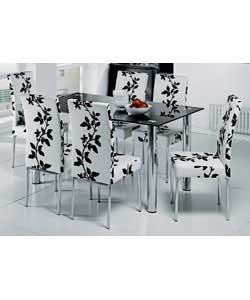 Unbranded Crystal black glass table and 6 Floral Print Chairs