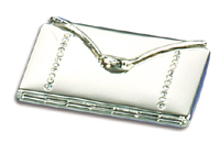 Slender purse design compact handbag mirror. Silver finish with decorative crystal lines