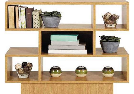 This stylish shelving unit looks great in your home. Finished in quality oak effect. the trendy. contemporary design is ideal for showing off books. DVDs. CDs or ornaments. Part of the Cubes collection Collect in store today. Size H67.3. W80. D24cm. 