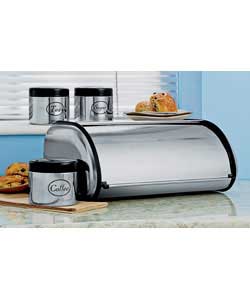 Bread bin: Roll top. Size (H)18, (W)44, (D)27cm. Storage canisters: Flavour seal click lids. Height 