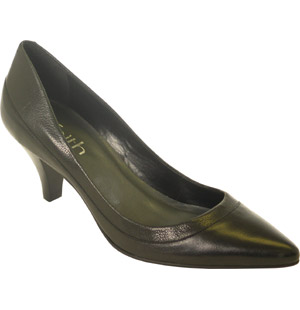 Curlin, pointed toe leather court shoe featuring a medium height heel and contrast stitching. Lining