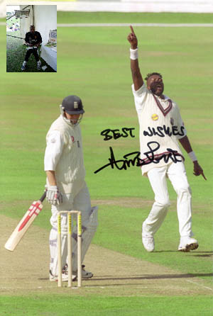 This original stunning A4 (12` by 10`) colour press photo shows Curtly Ambrose taking his 400th Test