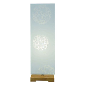 Short, square wooden base, topped with a duck egg blue column shade, with circular clusters of semi-