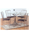 The Dandie dining set features a unique chrome pedestal table design with a circular glass top