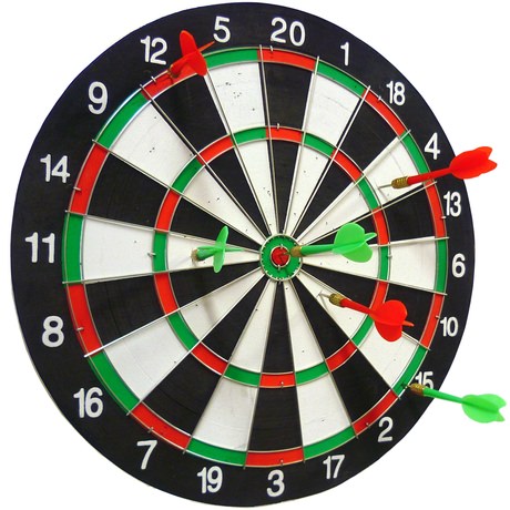 Dartboard Set Our 2 sided dart board has traditional darts on one side and a target dart game on the other! Includes 2 sets of darts (3 of each colour) and full instruction. The dartboard measures around 36 cm x 36 cm x 1.1 cm. It makes a superb Fath