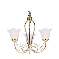 Height 480mm Width 420mm, Requires max 3 x 60w candle BC bulbs, Brass plated finish 3 light pendant