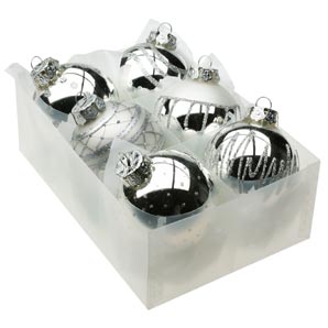 Decorated Silver Baubles, Medium, Box of Six