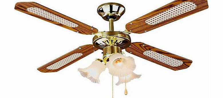 This decorative brass 3 light ceiling fan features reversible blades with oak on one side and oak rattan on the other. Drop 46cm. Diameter 105cm. Bulbs required 3 x (not included). EAN: 4306528.