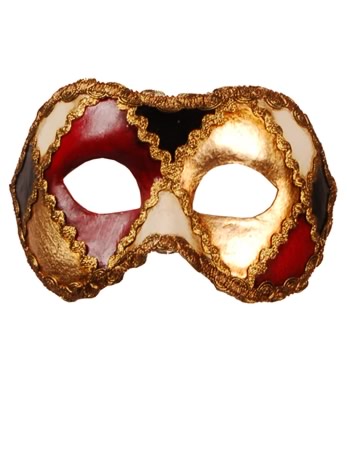 This Columbia Venetian mask is divided into sections by a criss-cross of golden braid, the sections 