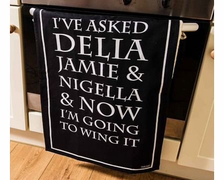 Delia, Jamie and Nigella Tea TowelThis striking cotton tea towel, is printed with a quirky statement of white letters out of a jet black tea towel, detailed with a white border.Designed for the avid cook that loves to find delicious recipes, who then